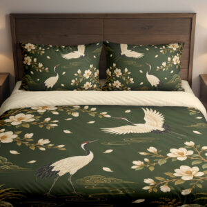 Olive Magnolia Crane Garden Bedding Set — front bedroom view