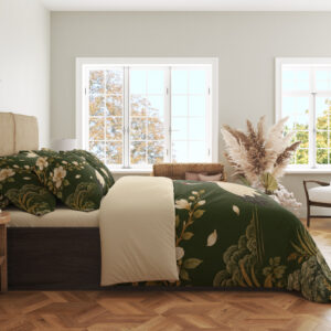 Olive Magnolia Crane Garden Bedding Set — side bedroom view