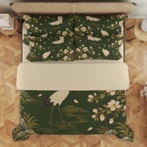 Olive Magnolia Crane Garden Bedding Set — overhead view