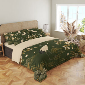 Olive Magnolia Crane Garden Bedding Set — angled bedroom view