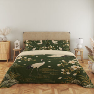 Olive Magnolia Crane Garden Bedding Set — full front view