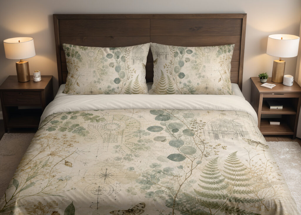 Front close view of parchment bedding printed with sage fern fronds, round eucalyptus-like leaves, delicate grasses and small moth motifs on the cover and matching pillows.