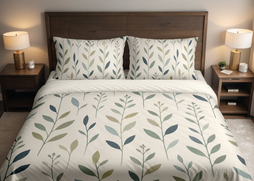 Front close view of ivory bedding with slender upright stems and simple pointed leaves in muted teal, sage and olive on the cover and matching pillows.