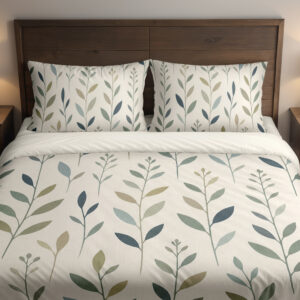 Front close view of ivory bedding with slender upright stems and simple pointed leaves in muted teal, sage and olive on the cover and matching pillows.