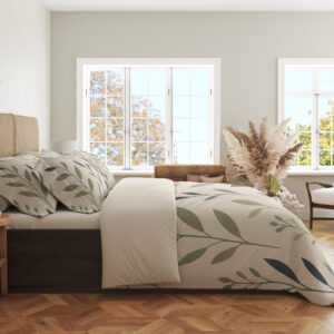 Side view of ivory bedding with slender upright stems and simple pointed leaves in muted teal, sage and olive, showing the print across the draped cover.