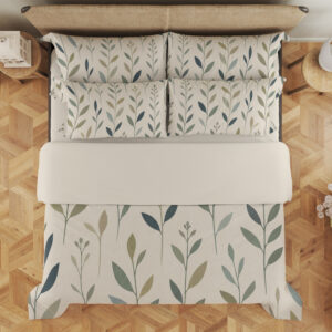 Overhead view of ivory bedding with slender upright stems and simple pointed leaves in muted teal, sage and olive, with the design repeated on the pillows.