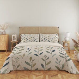 Full front view of ivory bedding with slender upright stems and simple pointed leaves in muted teal, sage and olive beneath a beige headboard.