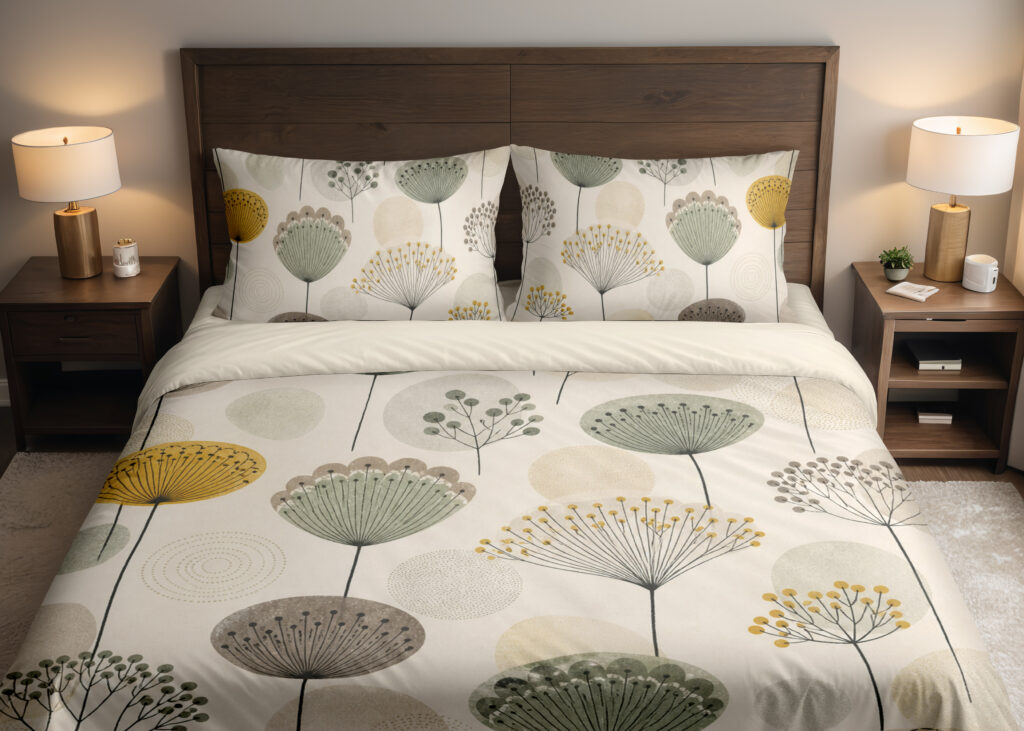 Front close view of ivory bedding printed with widely spaced sage, mustard and gray rounded seedheads on slender stems on the cover and matching pillows.