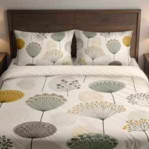 Front close view of ivory bedding printed with widely spaced sage, mustard and gray rounded seedheads on slender stems on the cover and matching pillows.
