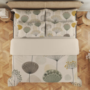 Overhead view of ivory bedding printed with widely spaced sage, mustard and gray rounded seedheads on slender stems, with the design repeated on the pillows.