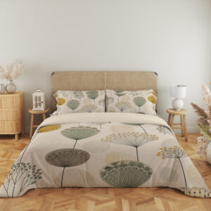 Full front view of ivory bedding printed with widely spaced sage, mustard and gray rounded seedheads on slender stems beneath a beige headboard.