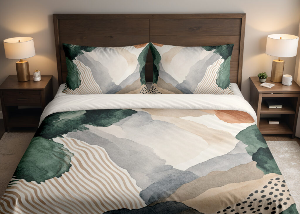 Sage Sandstone Collage Bedding Set with sage green, sandstone and ivory abstract shapes
