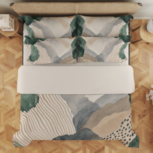 Sage Sandstone Collage Bedding Set - overhead view of duvet cover and pillows