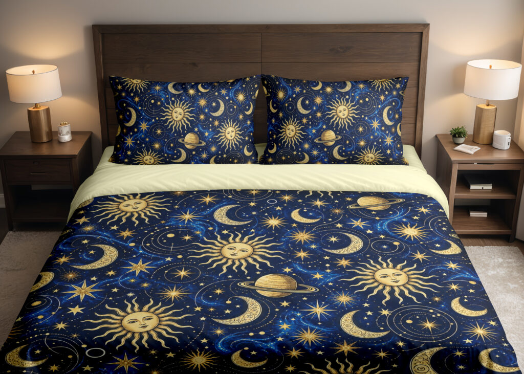 Sapphire Solar Atlas Bedding Set with sapphire and gold sun, moon and planet artwork — front view with dark wood headboard