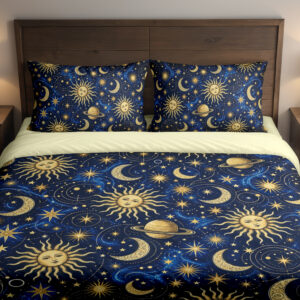 Sapphire Solar Atlas Bedding Set with sapphire and gold sun, moon and planet artwork — front view with dark wood headboard