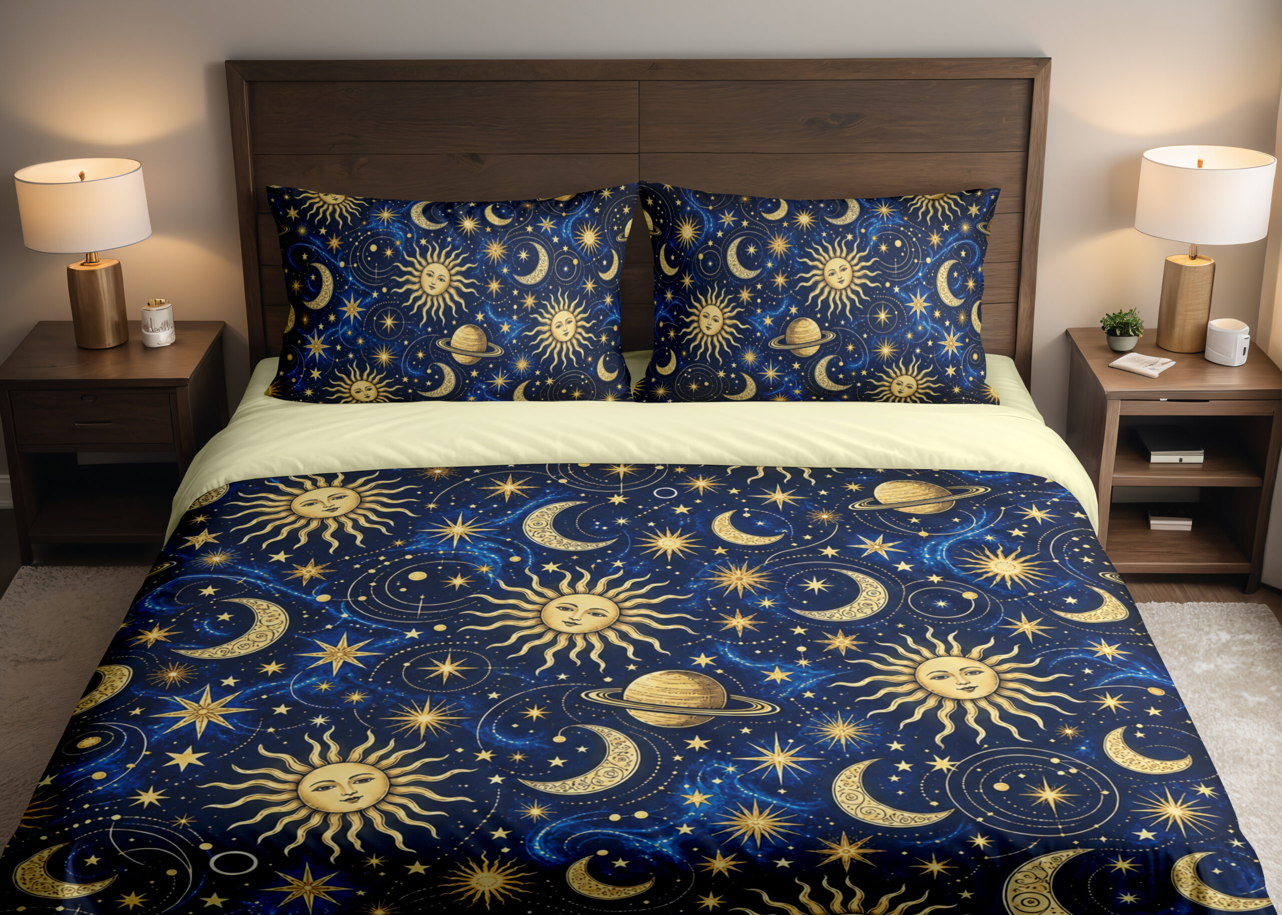 Sapphire Solar Atlas Bedding Set with sapphire and gold sun, moon and planet artwork — front view with dark wood headboard