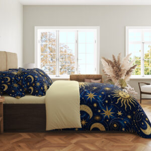 Sapphire Solar Atlas Bedding Set with sapphire and gold sun, moon and planet artwork — side view beside bright bedroom windows