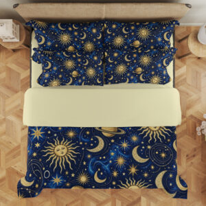 Sapphire Solar Atlas Bedding Set with sapphire and gold sun, moon and planet artwork — overhead view showing the bedding layout