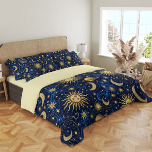 Sapphire Solar Atlas Bedding Set with sapphire and gold sun, moon and planet artwork — angled view in a light neutral bedroom