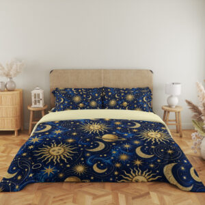 Sapphire Solar Atlas Bedding Set with sapphire and gold sun, moon and planet artwork — front view with an upholstered headboard