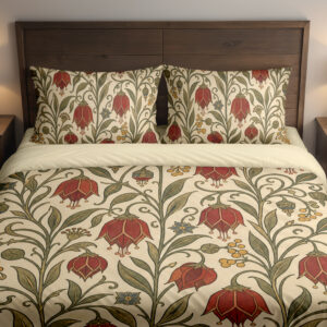 Front close view of cream bedding printed with scarlet drooping bell-shaped flowers, small yellow berries and curling olive-green vines on the cover and matching pillows.