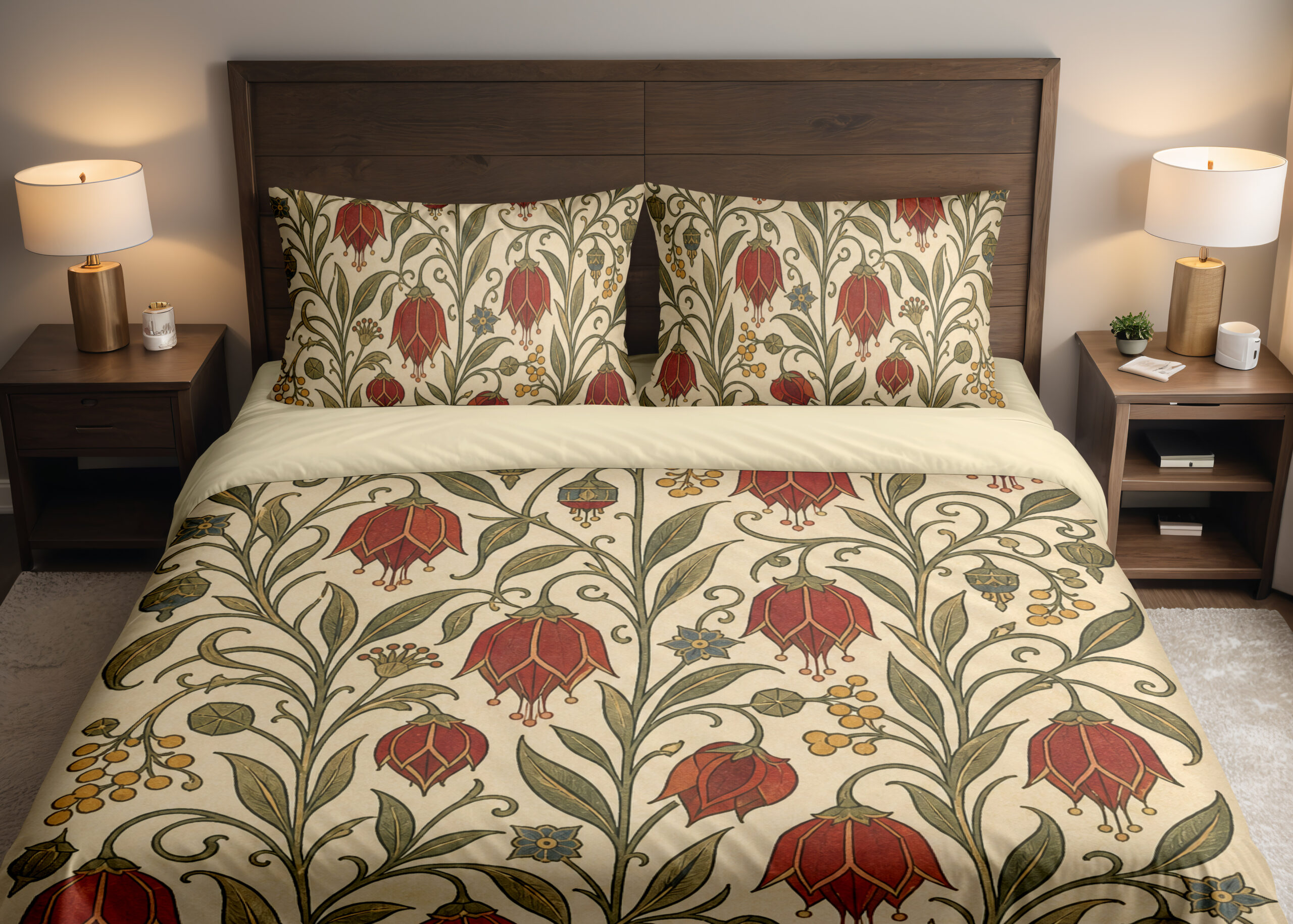 Front close view of cream bedding printed with scarlet drooping bell-shaped flowers, small yellow berries and curling olive-green vines on the cover and matching pillows.