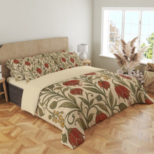 Angled full-bed view of cream bedding printed with scarlet drooping bell-shaped flowers, small yellow berries and curling olive-green vines, showing the pattern across the cover and pillows.