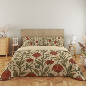 Full front view of cream bedding printed with scarlet drooping bell-shaped flowers, small yellow berries and curling olive-green vines beneath a beige headboard.