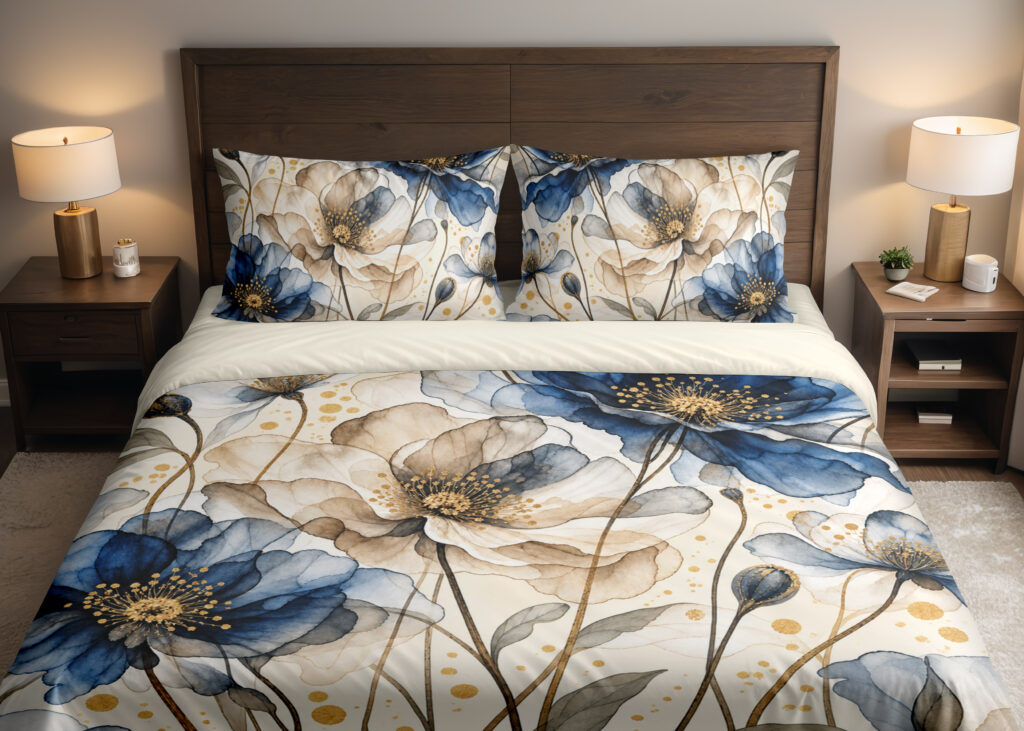 Smoky Indigo Petal Veil Bedding Set with translucent indigo and taupe flowers on ivory
