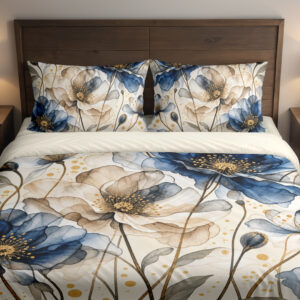 Smoky Indigo Petal Veil Bedding Set with translucent indigo and taupe flowers on ivory