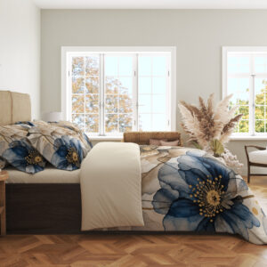 Smoky Indigo Petal Veil Bedding Set - side view with matching pillowcases