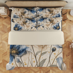 Smoky Indigo Petal Veil Bedding Set - overhead view of duvet cover and pillows