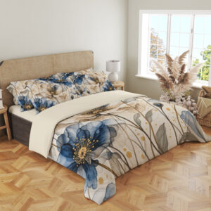 Smoky Indigo Petal Veil Bedding Set - angled bedroom view