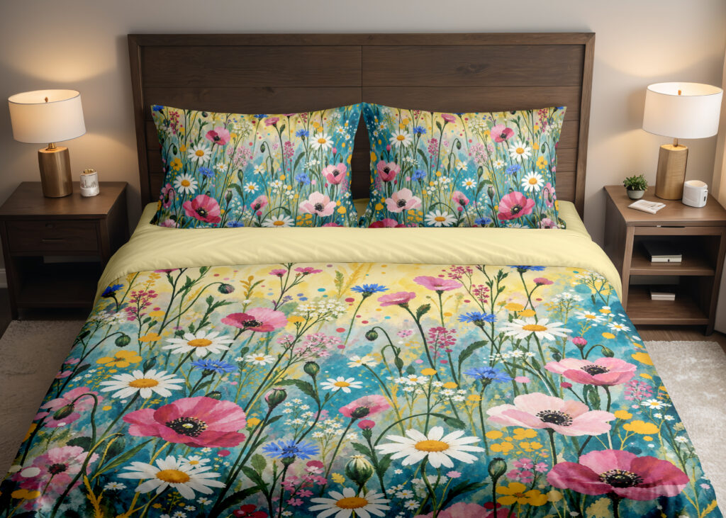 Sunwash Daisy Meadow Bedding Set with pink poppies, white daisies and teal watercolor meadow