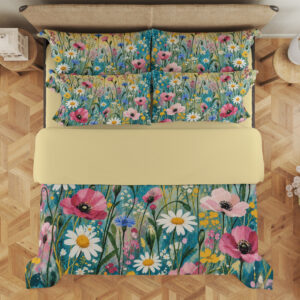 Sunwash Daisy Meadow Bedding Set - overhead view of duvet cover and pillows