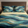 Teal Gilded Current Bedding Set with painterly navy, teal, seafoam and gold-colored waves