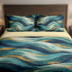 Teal Gilded Current Bedding Set with painterly navy, teal, seafoam and gold-colored waves