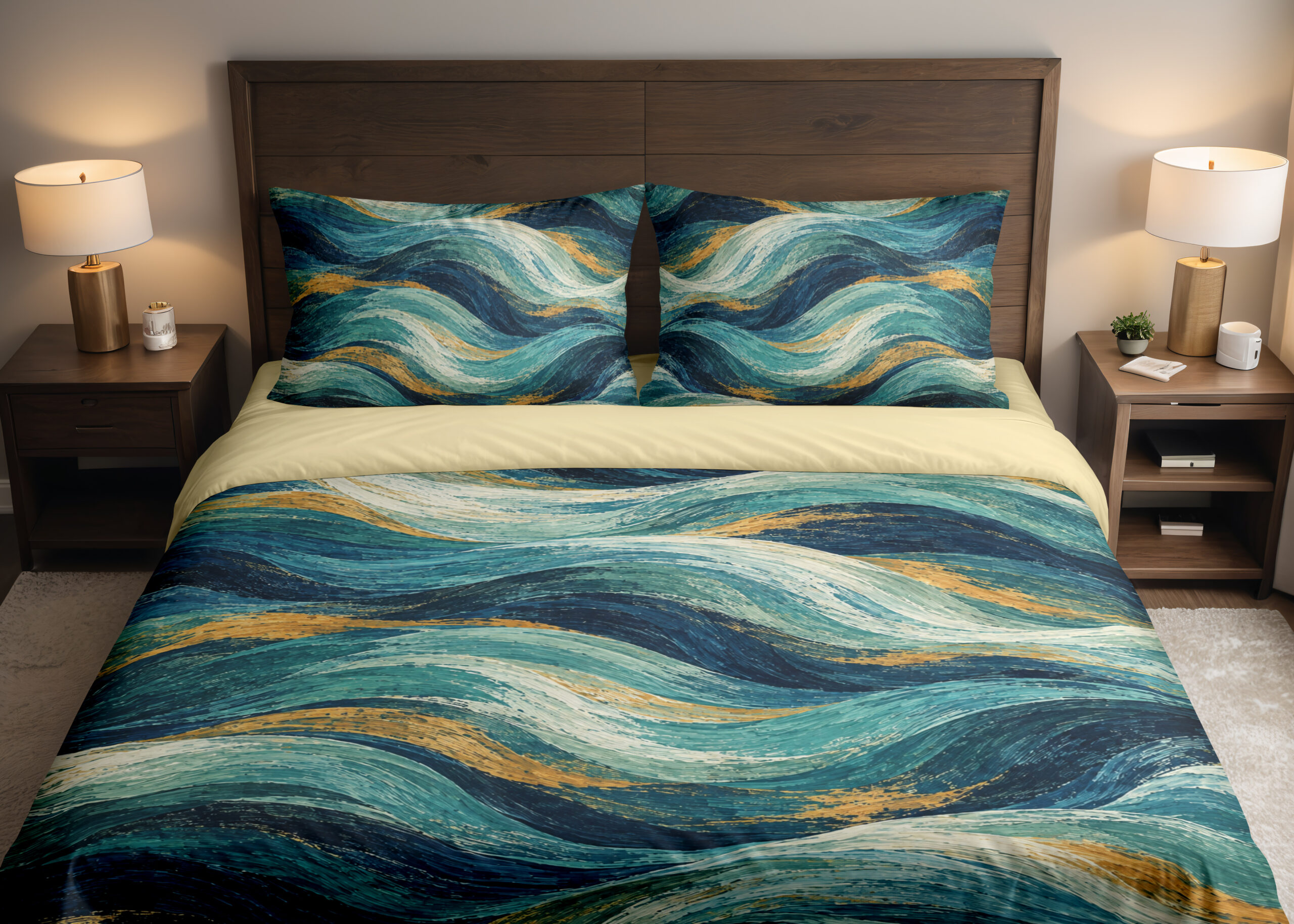 Teal Gilded Current Bedding Set with painterly navy, teal, seafoam and gold-colored waves