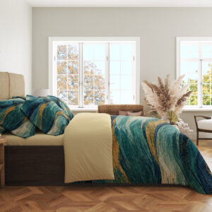Side view of Teal Gilded Current bedding, with broad teal and navy waves, seafoam highlights and ochre-gold streaks.