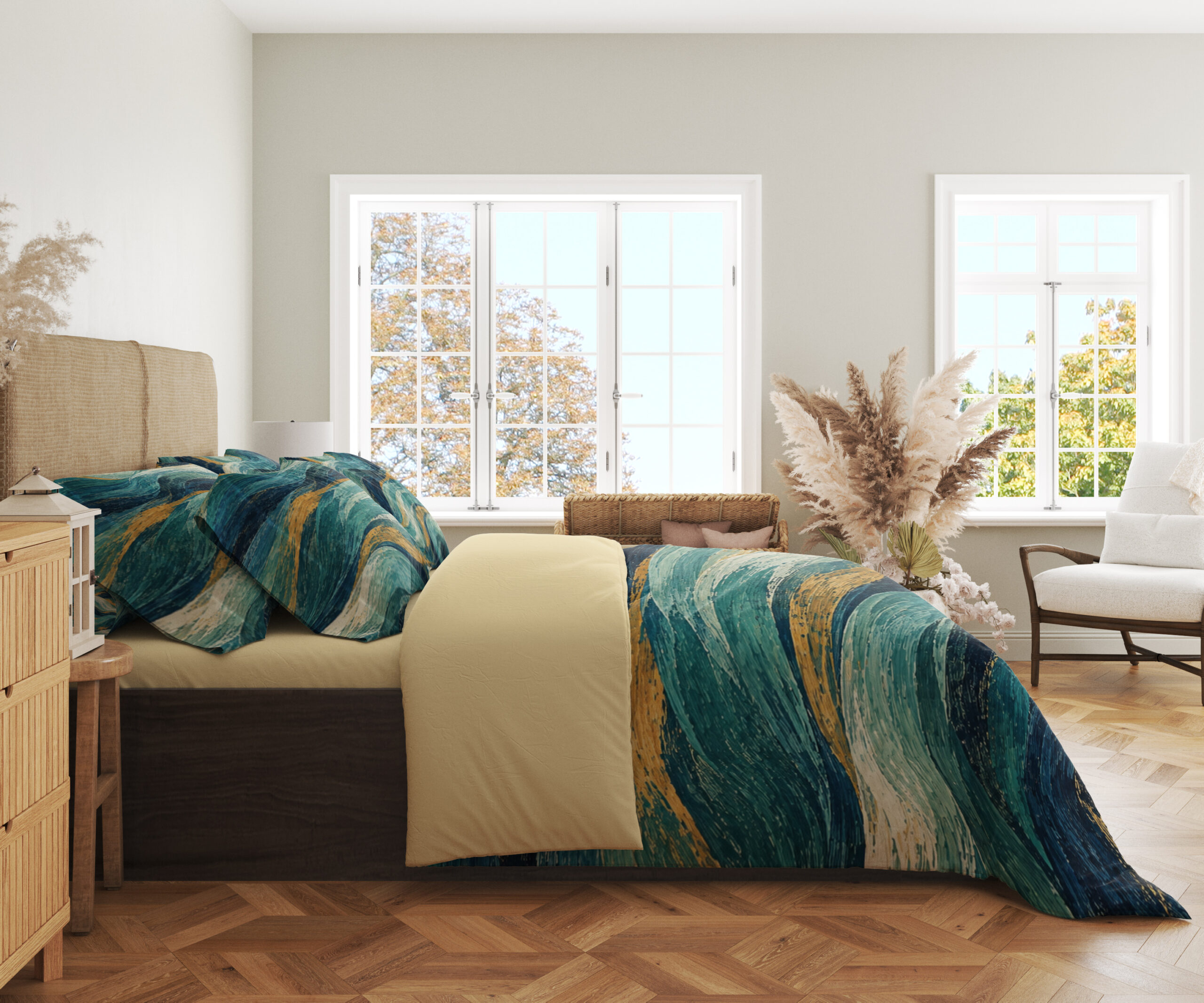 Side view of Teal Gilded Current bedding, with broad teal and navy waves, seafoam highlights and ochre-gold streaks.