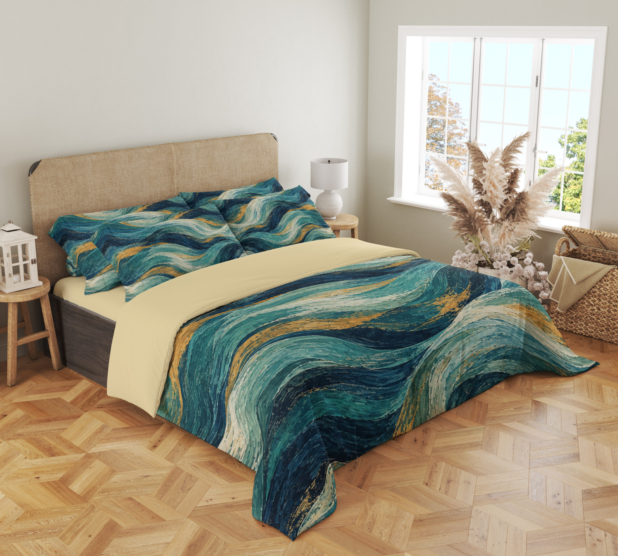 Angled view of Teal Gilded Current bedding, showing sweeping blue-green and gold-colored brushstrokes across the duvet and pillows.