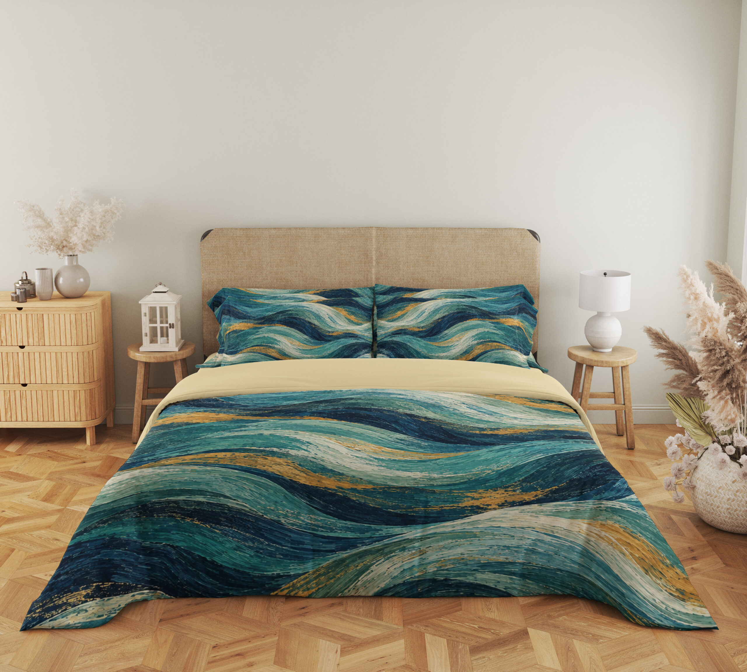Front view of Teal Gilded Current bedding against a beige headboard, with layered navy and aqua waves and fine gold-colored lines.