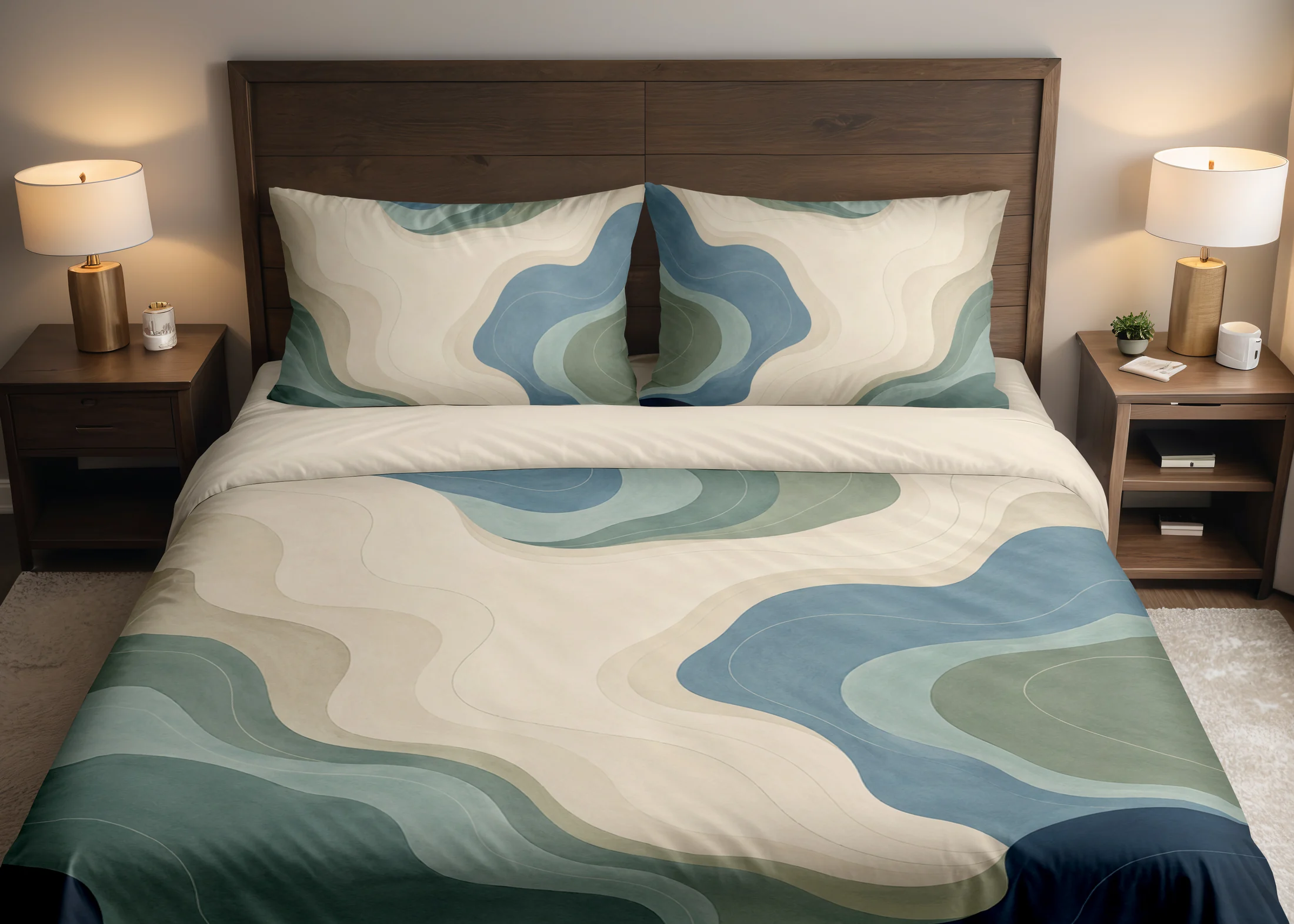 Front view of cream, blue-gray and sage contour fields with faint curved lines on a duvet cover and matching pillowcases against a dark wooden headboard.