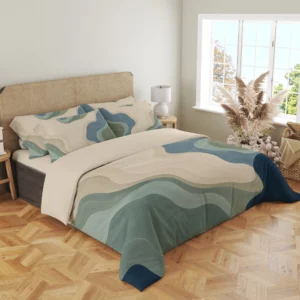 Three-quarter view of the cream, sage and blue-gray contour duvet cover and matching pillows, with navy corners, beside a window and dried grasses.