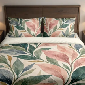 Front view of pointed blush, sage, deep green and blue-gray leaves with ochre accents on a cream duvet cover and matching pillowcases against a dark wooden headboard.
