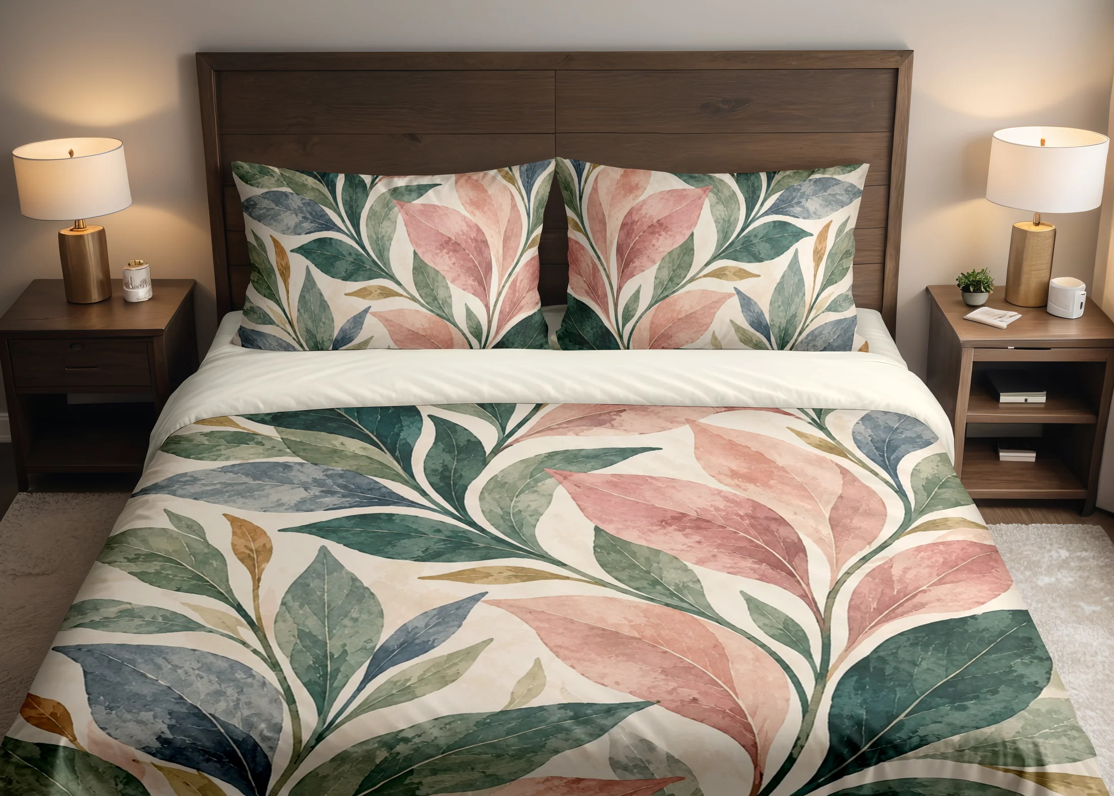 Front view of pointed blush, sage, deep green and blue-gray leaves with ochre accents on a cream duvet cover and matching pillowcases against a dark wooden headboard.