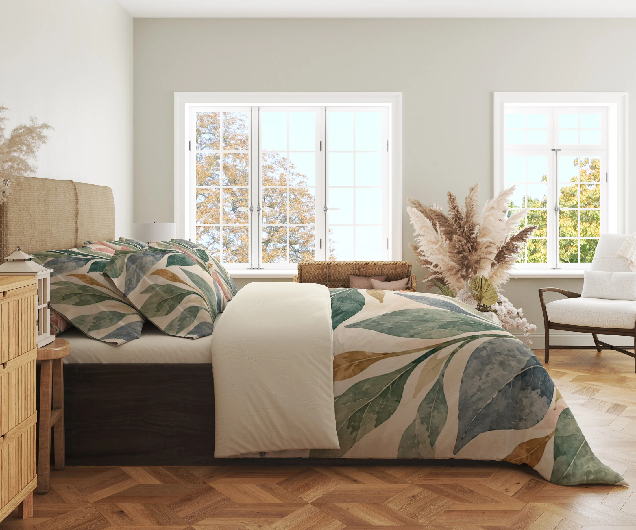 Side view of branching sage, deep green and blue-gray leaves with blush and ochre accents on a cream duvet cover and matching pillowcases in a windowed room.