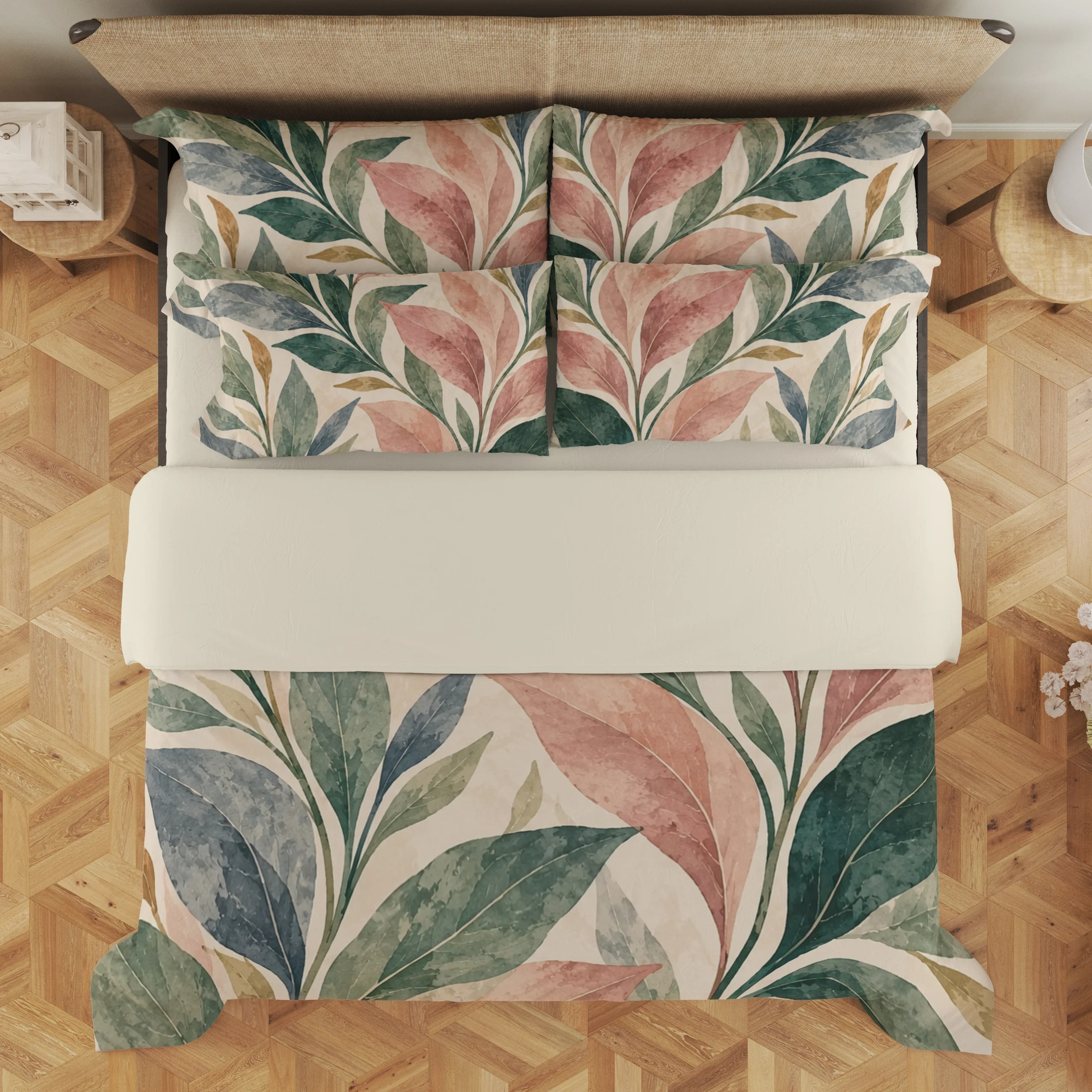 Overhead view of pointed blush, sage, deep green and blue-gray leaves on the cream duvet cover and styled matching pillows, with a pale cream fold.