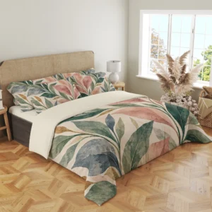 Three-quarter view of branching blush, sage, deep green and blue-gray leaves with ochre accents on the cream duvet cover and matching pillows beside a window.