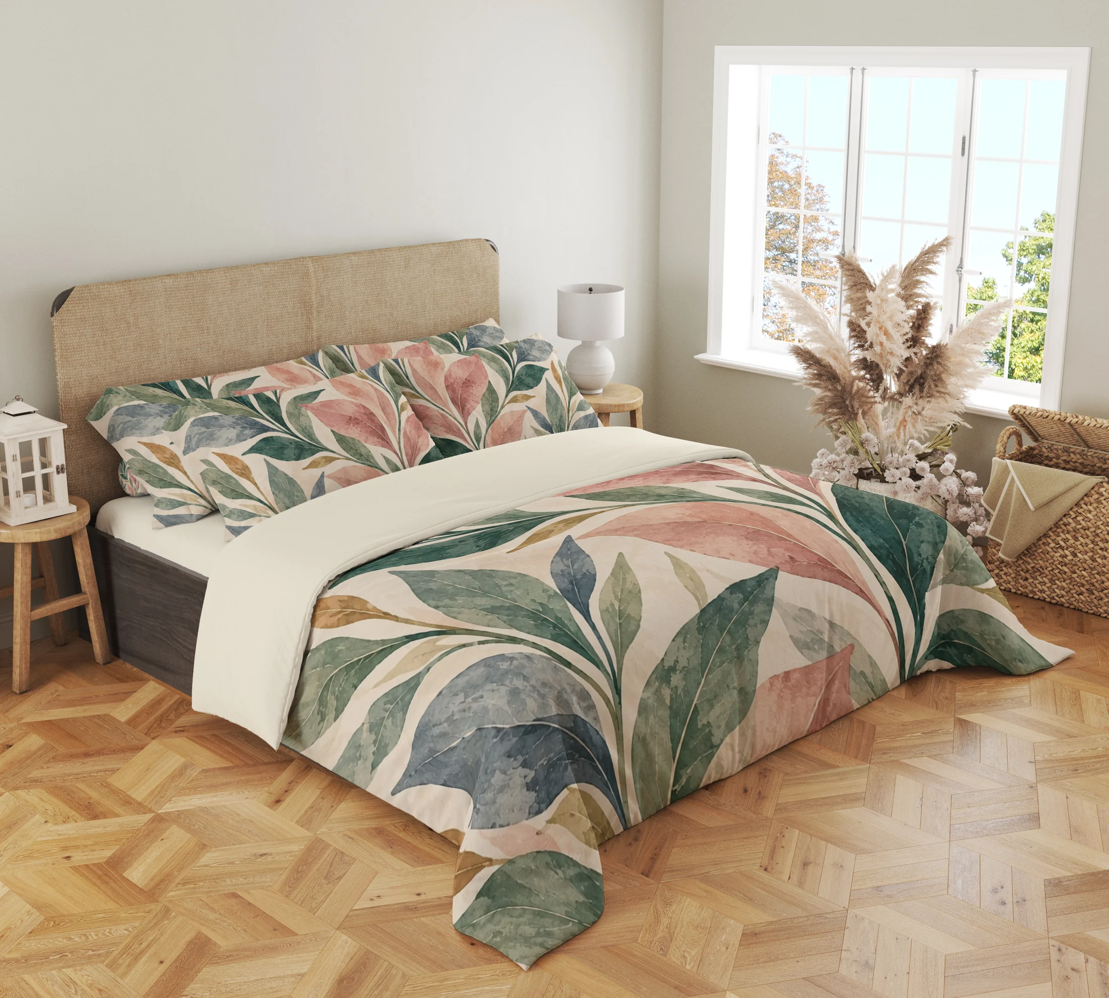 Three-quarter view of branching blush, sage, deep green and blue-gray leaves with ochre accents on the cream duvet cover and matching pillows beside a window.
